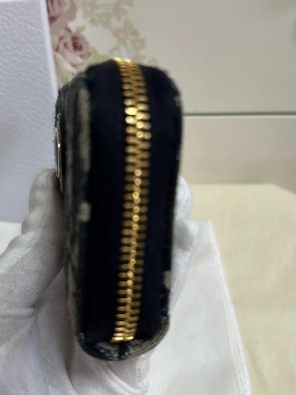 Dior Navy & Beige Oblique Zip Card/Coin Case Holder
